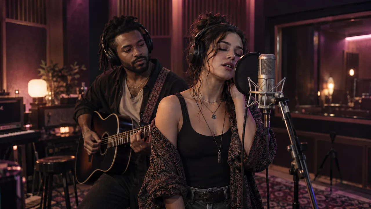 Two performers beside a condenser microphone in a warmly lit recording booth.